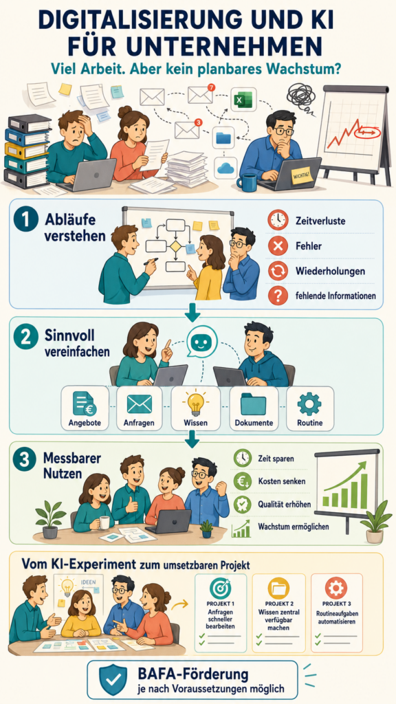 Ihr Unternehmen arbeitet viel, wächst aber nicht planbar?
Wir unterstützen kleine und mittlere Unternehmen dabei, ihre Abläufe zu strukturieren, digital zu vereinfachen und die Voraussetzungen für nachhaltiges Wachstum zu schaffen.