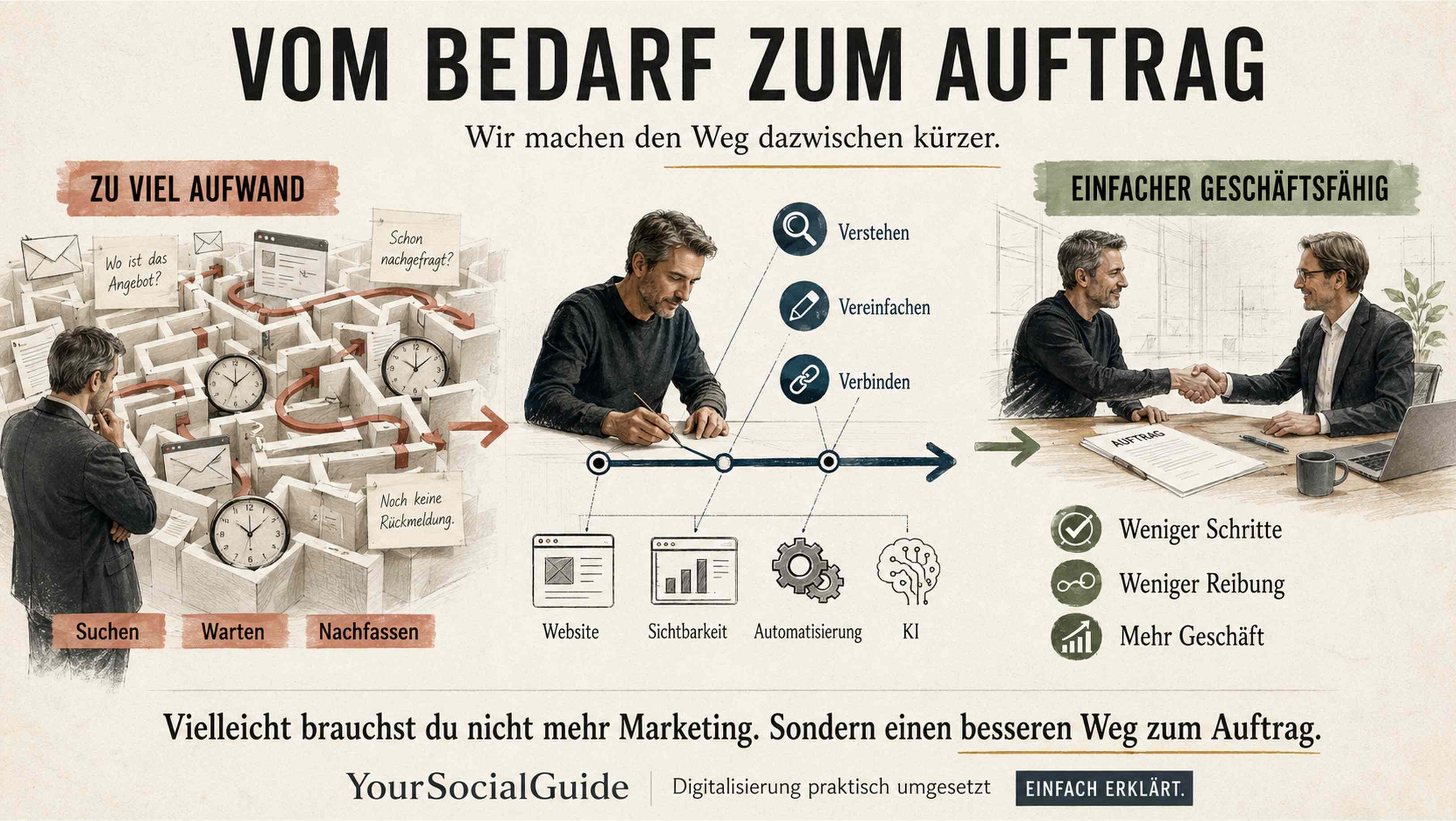 Wir machen Unternehmen einfacher geschäftsfähig. Zwischen einem Kunden, der etwas braucht, und einem Unternehmen, das es liefern kann, passiert erstaunlich viel. Bis aus einer Anfrage ein Auftrag wird, telefonieren, schreiben, suchen und koordinieren Deine Mitarbeiter. Informationen fehlen. Angebote kosten Zeit. Kunden warten. Und manchmal ist der Interessent weg, bevor das Geschäft überhaupt beginnt. Wir machen diesen Weg kürzer.