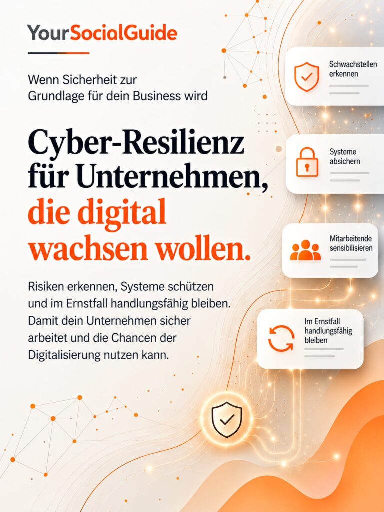 Grafik: Cyber-Resilienz für Unternehmen – Schwachstellen erkennen, Systeme absichern, Mitarbeitende sensibilisieren und handlungsfähig bleiben.