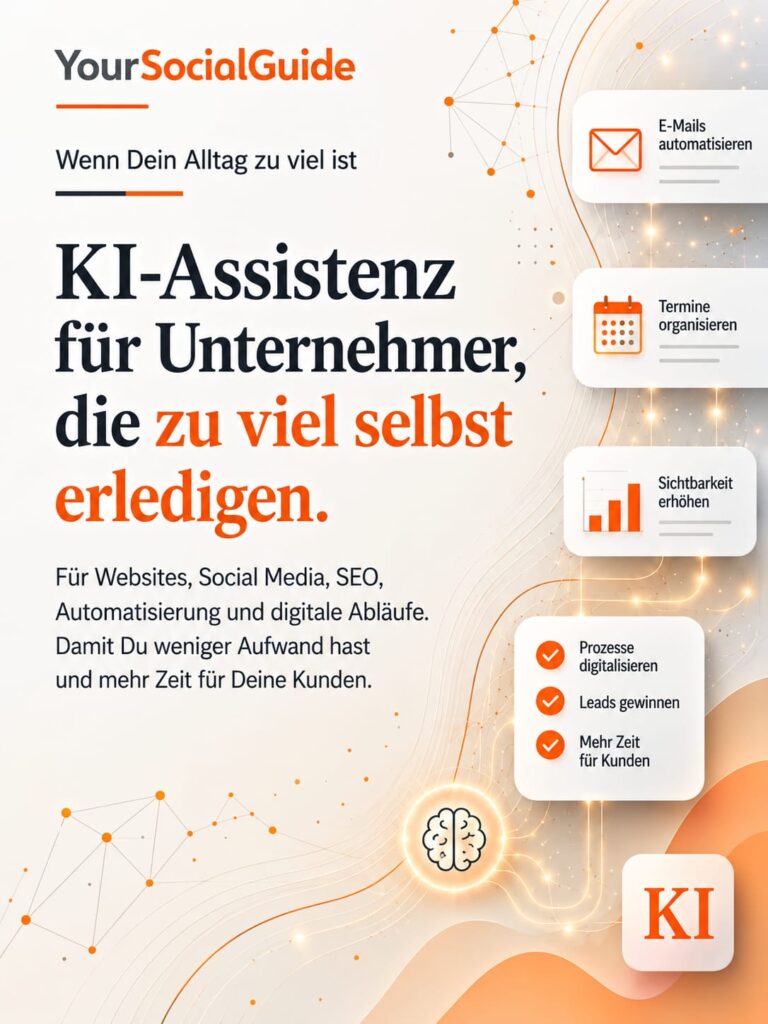 Grafik: KI-Assistenz für Unternehmer – E-Mails automatisieren, Termine organisieren, Sichtbarkeit erhöhen und Prozesse digitalisieren.